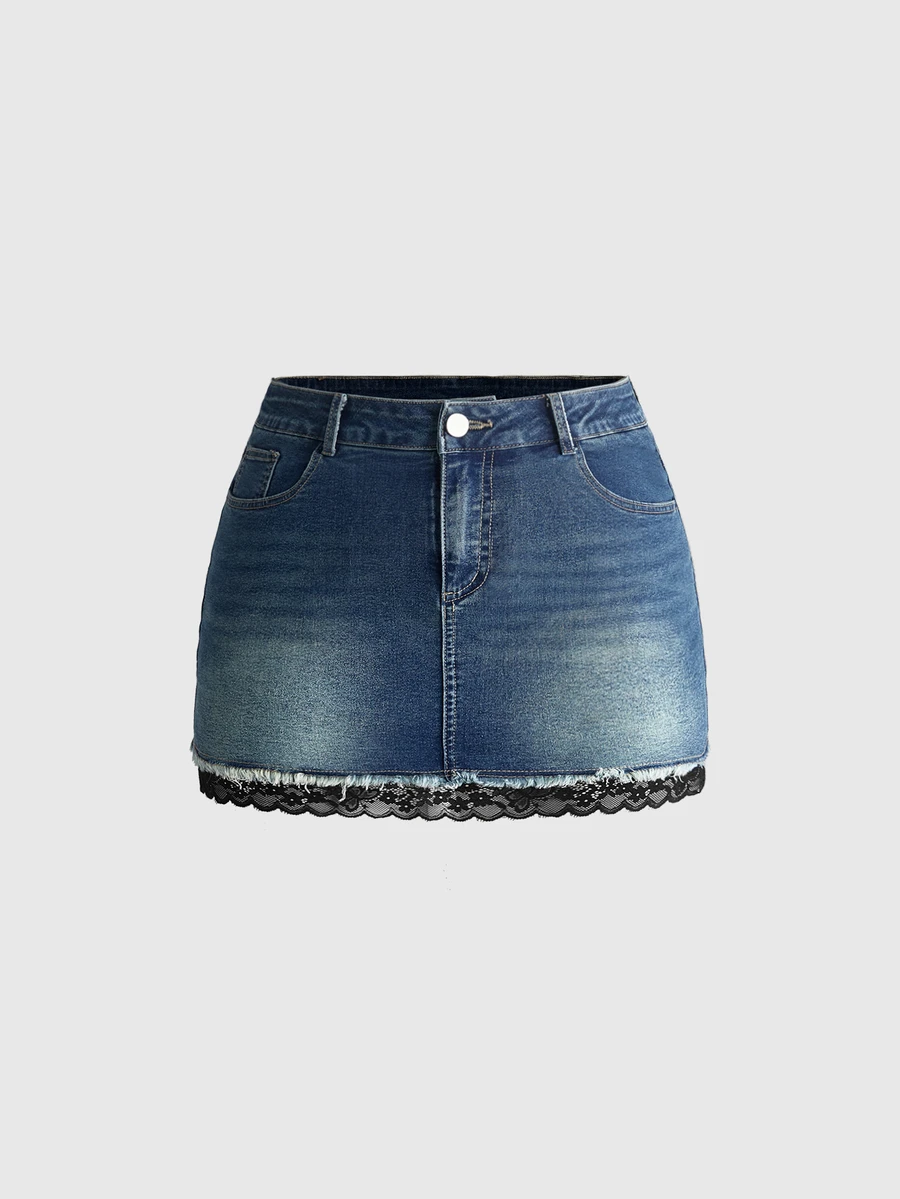 ROMWE Plus Size Versatile Lace Patchwork Slimming Sexy High Elastic Mini Denim Skirt - Dusty Blue - View 1
