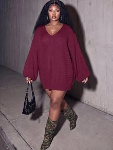 Slaydiva Plus Size Autumn/Winter Casual Solid Color Knit Dress - Purple - View 5