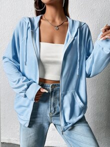 SHEIN EZwear 拉鍊式插肩袖抽繩連帽衛衣，秋冬長袖上衣 - 淺藍色 - 查看 3