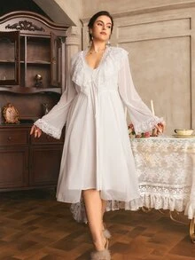 Côtesoire Plus Size Women's Contrast Lace Long Sleeve Robe And Camisole Nightgown Elegant Sleepwear Set - Baby Blue - View 3