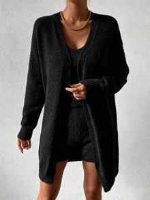 SHEIN LUNE 女款純色內搭上衣、長袖開襟衫與短褲針織三件套 - 黑色 - 查看 4