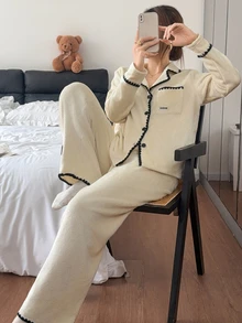 Lazeform Women's Casual Plush Trim Pajama Set - Apricot - View 1
