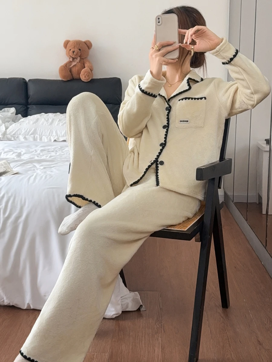 Lazeform Women's Casual Plush Trim Pajama Set - Apricot - View 1