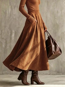 Glimmora Autumn/Winter Plus Size Women's Vintage Fashion Plus Size Flare Solid Color Pocket Skirt Fall - Burnt Orange - View 5