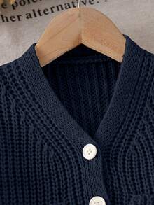 SHEIN 1pc Baby Girls' V-Neck Sweater,Light Beige,Autumn,Cute,Family Matching Knit Cardigan Jacket With Symmetrical Pockets,Ruffle Hem,Ribbed Cuffs,Soft Knit - Navy Blue - View 7