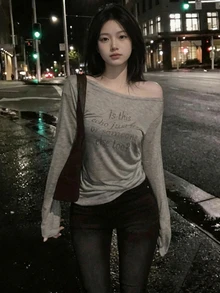 Dazy Kids Teen Girl Slogan Graphic Asymmetrical Shoulder Casual Daily Outing T-Shirt - Light Grey - View 2