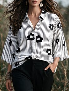Linhara CURVE Plus Size Women's Autumn Casual Shirt With Lapel Collar, Raglan Sleeves, Striped Floral Print, For Daily Wear And Vacation - Black and White - View 4