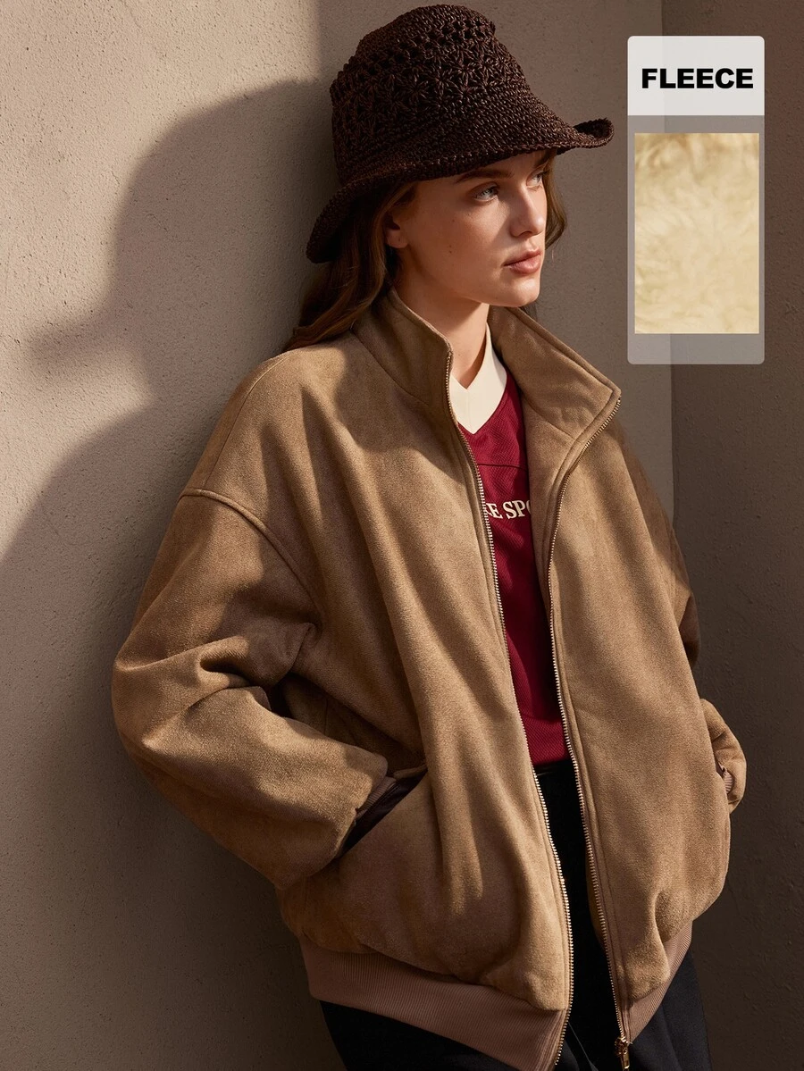 Nima Coro Women's Solid Color Drop Shoulder Long Sleeve Zipper Front Casual Jacket - Khaki - View 1