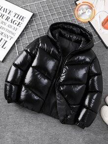 SHEIN Teen Boy Solid Color Long Sleeve Zip-Up Casual Hooded Winter Jacket - Black - View 8
