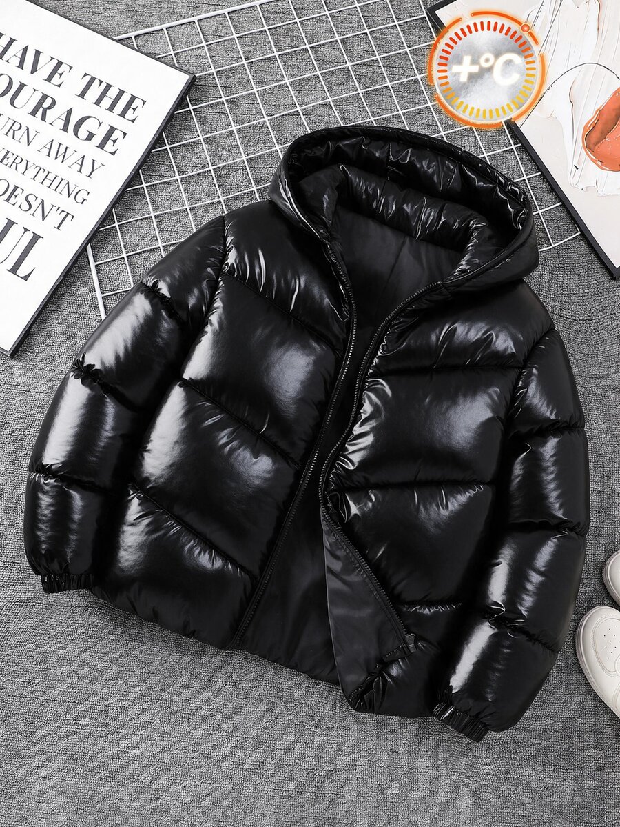 SHEIN Teen Boy Solid Color Long Sleeve Zip-Up Casual Hooded Winter Jacket - Black - View 1
