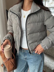SHEIN EZwear 女款格紋長袖拉鍊休閒冬季夾克 - 咖啡棕 - 查看 3