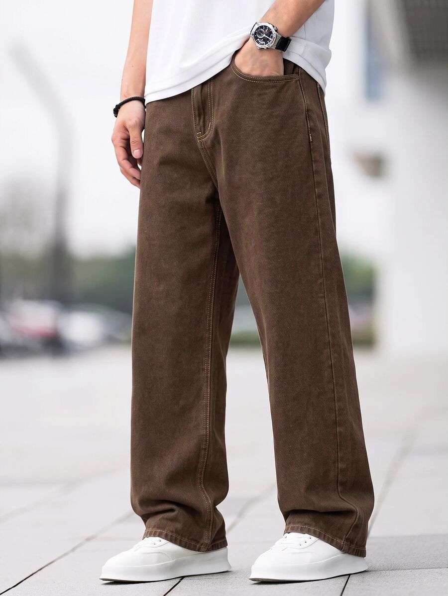 SHEIN Teen Boy Casual Versatile Straight Leg Denim Pants With Pockets - Brown - View 1