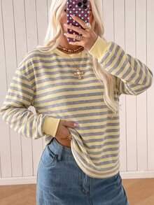 SHEIN EZwear 大尺碼女款條紋休閒百搭日常長袖T恤 秋季 - 彩色 - 查看 8