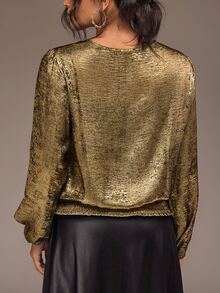 Freevana Gold Metallic Smocked Hem Blouse With Balloon Sleeves And Gathered Crew Neck, Shimmery Party Top - Gold - View 2