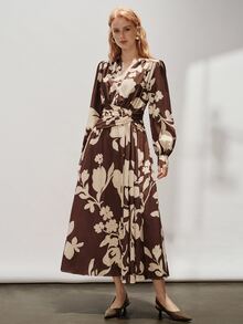 Aveloria Modichic European And American Style Autumn/Winter New Fashion Versatile Floral Print V-Neck Pleated Design Elegant Commute Classic Women's Long Dress - Multicolor - View 3