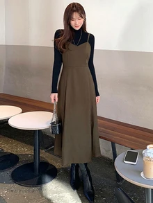 DAZY Solid Color Fitted Waist Flare Strap Dress Elegant Vacation Korean Style Spring Autumn Long Dress For Women - Brown - View 6