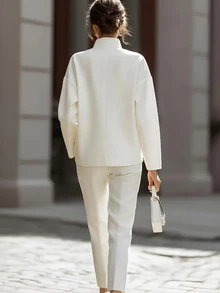 SHEIN PETITE White Stand Collar Drop Shoulder Tailored 2 Pieces Set, Commuter Fashion - White - View 3