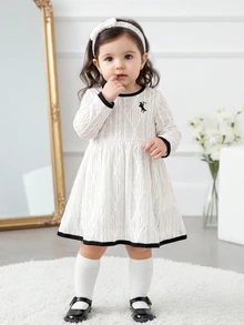 SHEIN Baby Girl Knight Pattern Contrast Color Casual Daily Summer Dress - White - View 6