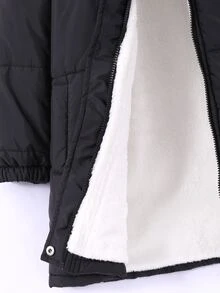 SHEIN 女童冬季連帽加厚棉襖外套，附配套手套一體化設計，抓絨內裡加厚中長款絎縫夾克，寬鬆版型防寒，極簡純色百搭，適合中大童女童日常上學、戶外出遊，秋冬保暖兒童外套，舒適實用，適用多種場合 - 黑色 - 查看 7
