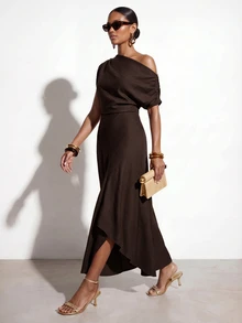 Zivah Women's Solid Color Asymmetrical Shoulder Ruched Minimalist Vacation Dress - Rust Brown - View 1