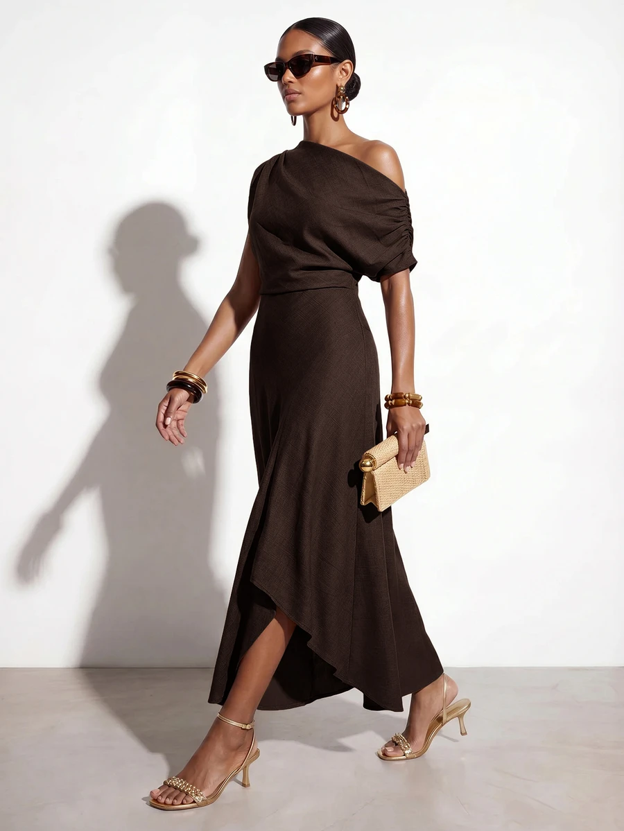Zivah Women's Solid Color Asymmetrical Shoulder Ruched Minimalist Vacation Dress - Rust Brown - View 1