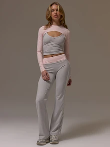 Musera Sport Double Layered Contrast Piping Scoop Front Long Sleeve Coord Top Cute Girly Autumn Winter Fall Gym Holiday Dainty Ice - Pink - View 2