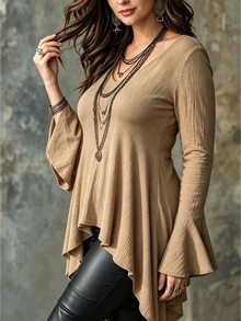 Linhara CURVE Fashion Casual French Vintage Elegant Commuter Ruffle Khaki Blouse - Khaki - View 5
