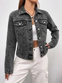 SHEIN EZwear 女款單排扣水洗牛仔夾克，秋季女裝 - 黑色 - 查看 3