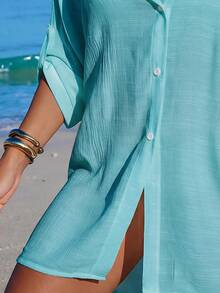 Swim Vcay Women's White Shirt Coconut Tree Button Casual Vacation Beach Kimono Cover-Up - Mint Green - View 3
