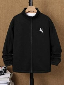SHEIN 兒童青少年男孩可愛秋冬抓絨立領夾克，黑色，適合室內、戶外、日常、運動、玩耍、派對、攝影、度假、假日、嘉年華，秋冬季節穿搭，秋季風格 - 黑色 - 查看 6