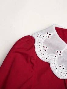 SHEIN Tween女孩秋冬紅色長袖3D蝴蝶結裝飾翻領洋裝，復古學院風精緻3D蝴蝶結裝飾翻領洋裝 - 酒紅色 - 查看 6