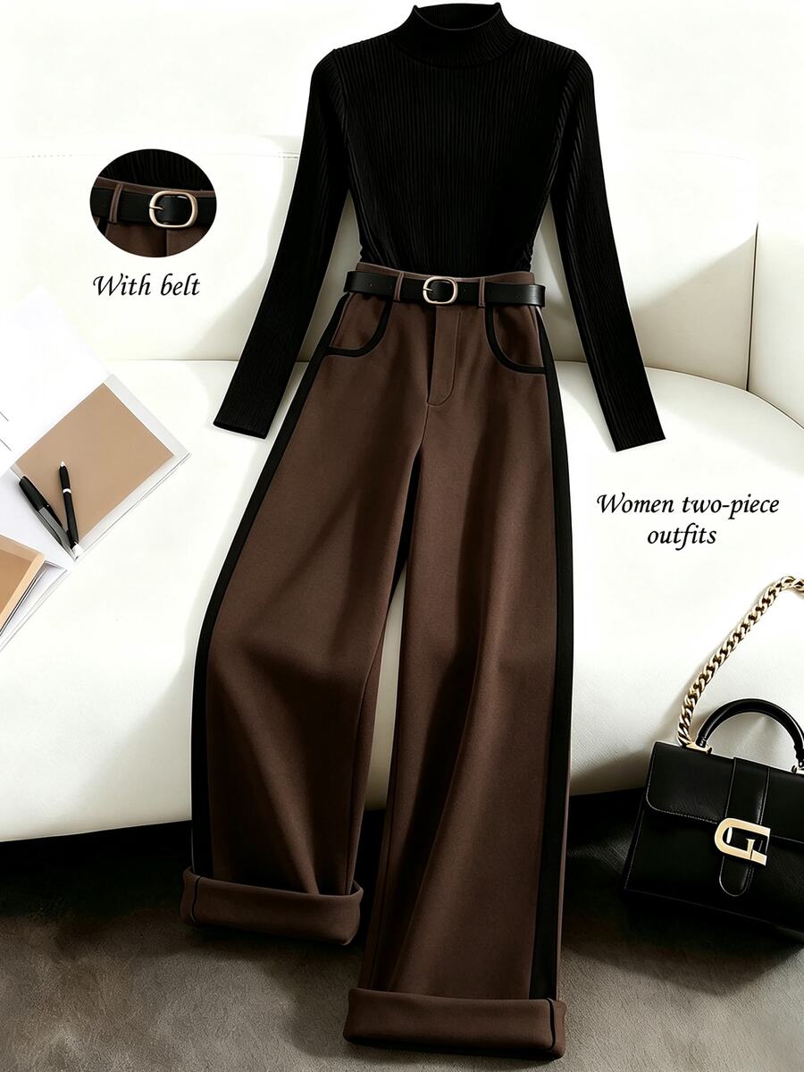 Franclia Casual Fashion Commuter Versatile Black Knit Semi-High Neck ...