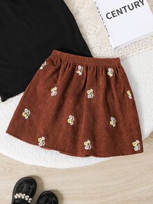 SHEIN 女童燈芯絨刺繡蝴蝶結裝飾裙 - 棕色 - 查看 2
