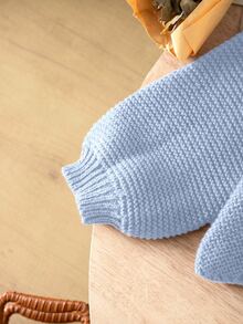 Souflis Young Girl Outfit Set Light Blue Knit Sweater Long Puff Sleeve Solid Top With Pleated Skirt - Blue - View 9