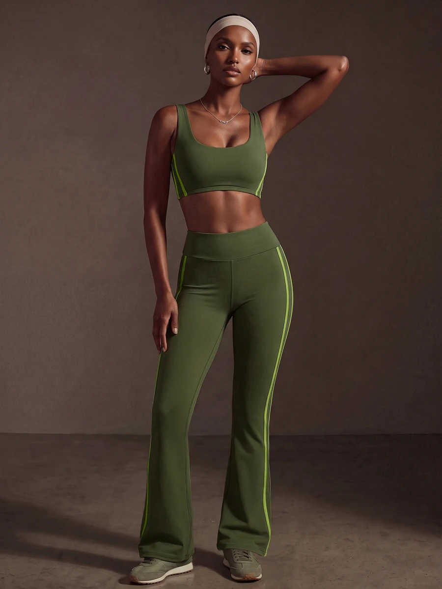 Zivah Women's Colorblock Top And Leggings Casual Daily Sports Outfit - Green - View 1