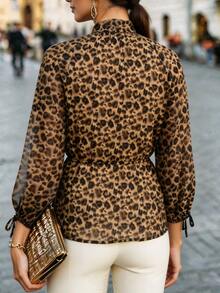 Velvienne Plus Size Women's Leopard Print Casual Versatile Daily Wear Shirt Fall - Coffee Brown - View 2