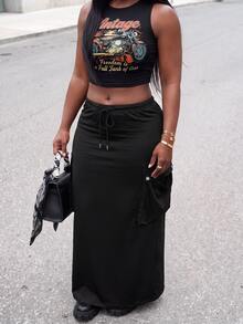 Slaydiva Plus Size Women Solid Color Drawstring Waist Casual Daily Skirt - Black - View 9