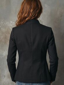 SHEIN 女款休閒外出通勤條紋長袖單排扣夾克 - 黑色 - 查看 2