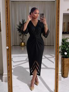 Auveirra Plus Size Women's V-Neck Waist Knot Design Contrast Mesh 3/4 Sleeve Elegant Dress - Multicolor - View 4