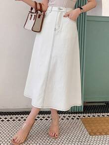 DAZY Solid Color Slit Denim Skirt For Women - White - View 4