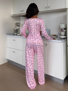 ZzzCrew Women's Long Sleeve Heart Print Lace Patchwork Square Neck Pajama Set - Pink - View 2