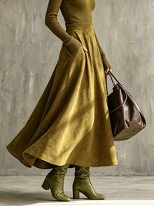 Glimmora Autumn/Winter Plus Size Women's Vintage Fashion Plus Size Flare Solid Color Pocket Skirt Fall - Olive Green - View 4