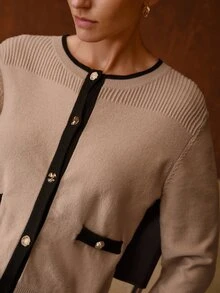 MOTF PREMIUM WOMEN'S COLORBLOCK LONG SLEEVE SINGLE-BREASTED CASUAL KNIT CARDIGAN - Khaki - View 3