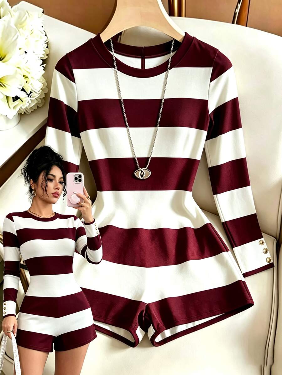 SHEIN Franclia 女款圓領條紋鈕扣長袖修身連身短褲 夏季穿搭 度假穿搭 六月節慶 美國日 海灘穿搭 畢業外出 - 紅色 - 查看 1