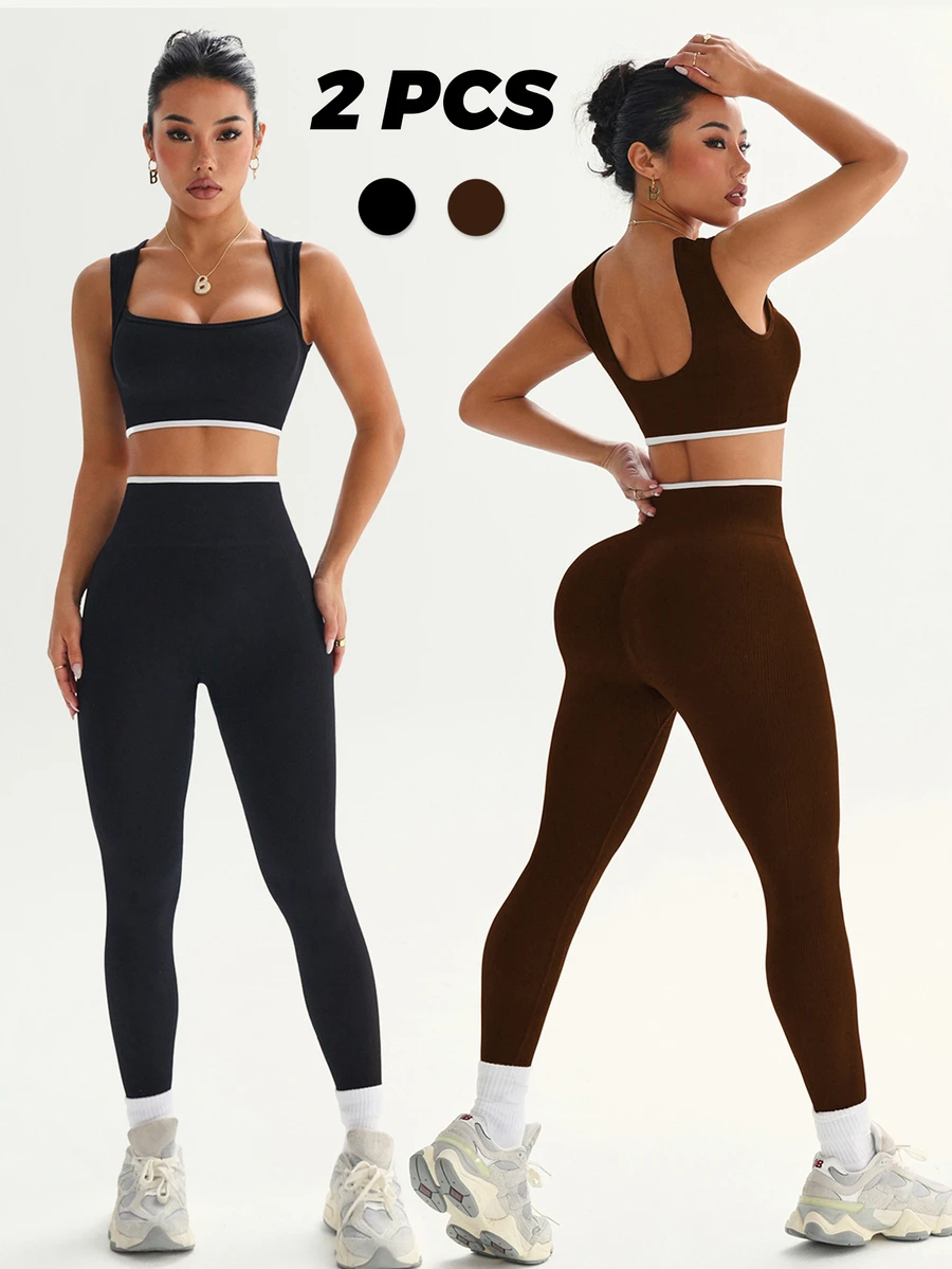 SHEIN Velisys 女款拼色短版上衣與緊身褲休閒日常運動套裝 - 彩色 - 查看 1