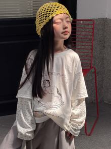 Livesso Tween Girl Letter & Rocking Horse Print Crew Neck 2 In 1 Long Sleeve Casual T-Shirt - White - View 5