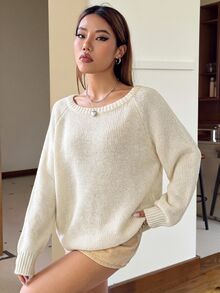 SHEIN EZwear 女款純色圓領插肩袖長袖休閒毛衣 - 杏色 - 查看 3