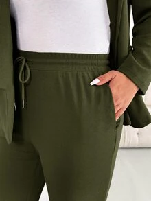Shapeblank 大尺碼女款海軍藍秋季休閒商務日常時尚寬鬆舒適西裝外套與緊身褲兩件套，秋季穿搭，上班穿著 - 軍綠色 - 查看 3