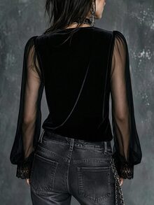 LUMIGAL Women's Black Velvet Cowl Neck Mesh Long Sleeve T-Shirt - Black - View 2