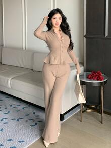DAZY Women's Elegant Solid Color Long Sleeve Single-Breasted Top And Flare Pants 2 Pieces Set - Khaki - View 5
